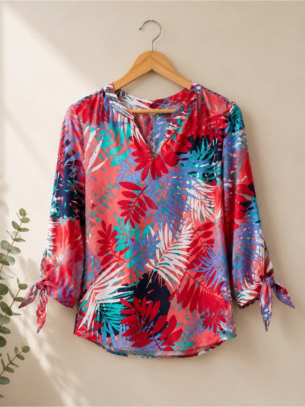 Jones New York 6P Linen Blend Tropical Palm Blouse V-Neck Tie Sleeve Top NWOT